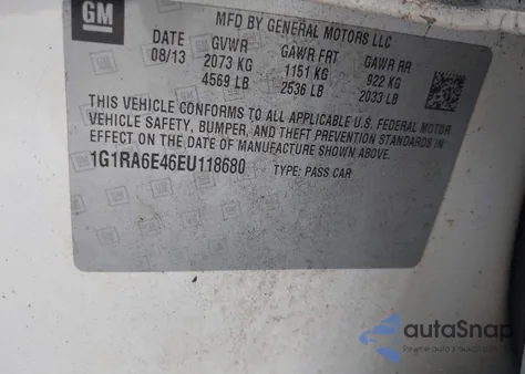 2014 Chevrolet Volt из США, поврежденный, VIN 1G1RA6E46EU118680